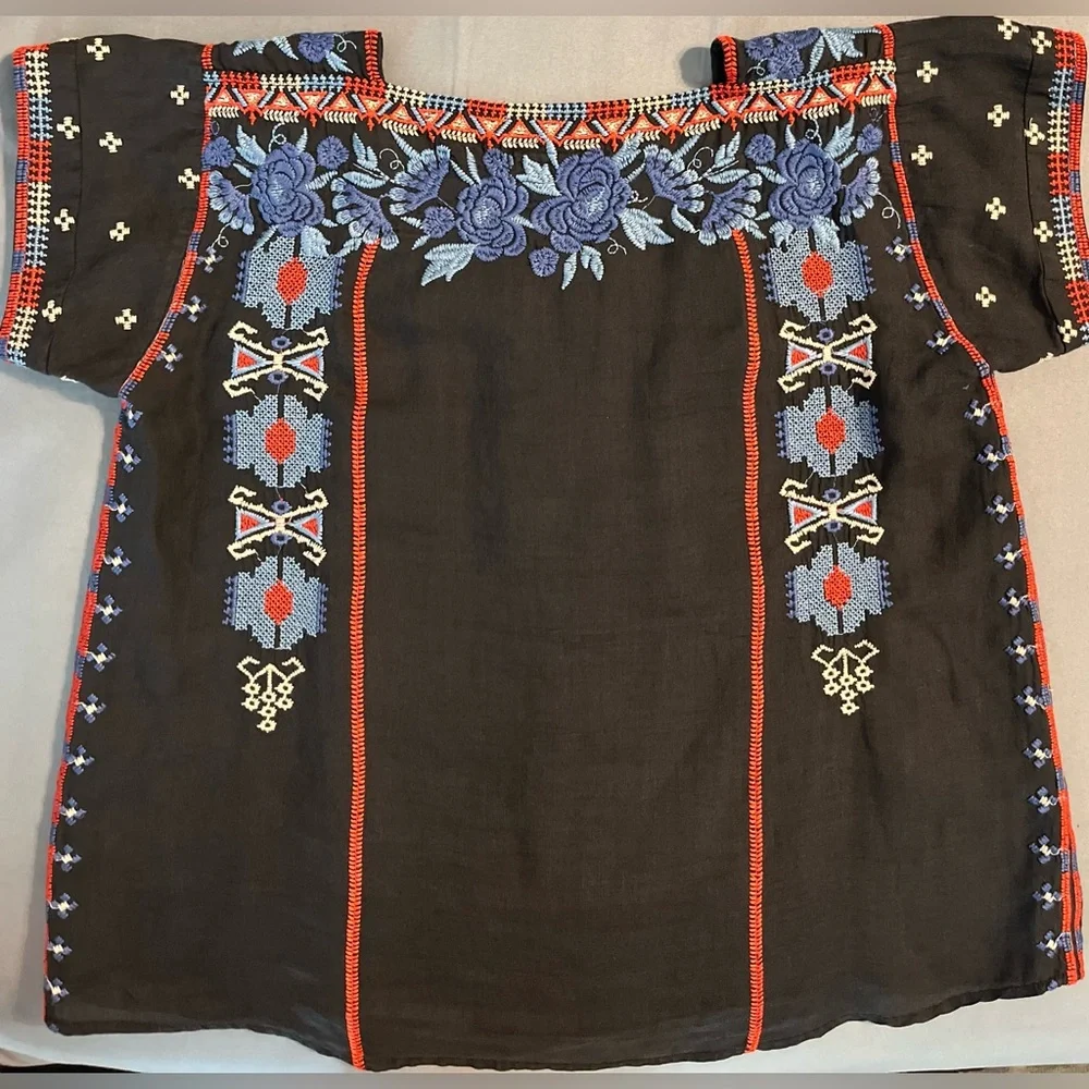 Johnny Was Black Zelda Mexican Peasant Blouse with Blue/Red Embroidery Small - Picture 2 of 15